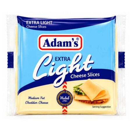 Adam Extra Light Cheese Slices pack containing 10 slices, low-fat sliced cheese with a creamy texture, ideal for sandwiches, burgers, wraps, and snacks.