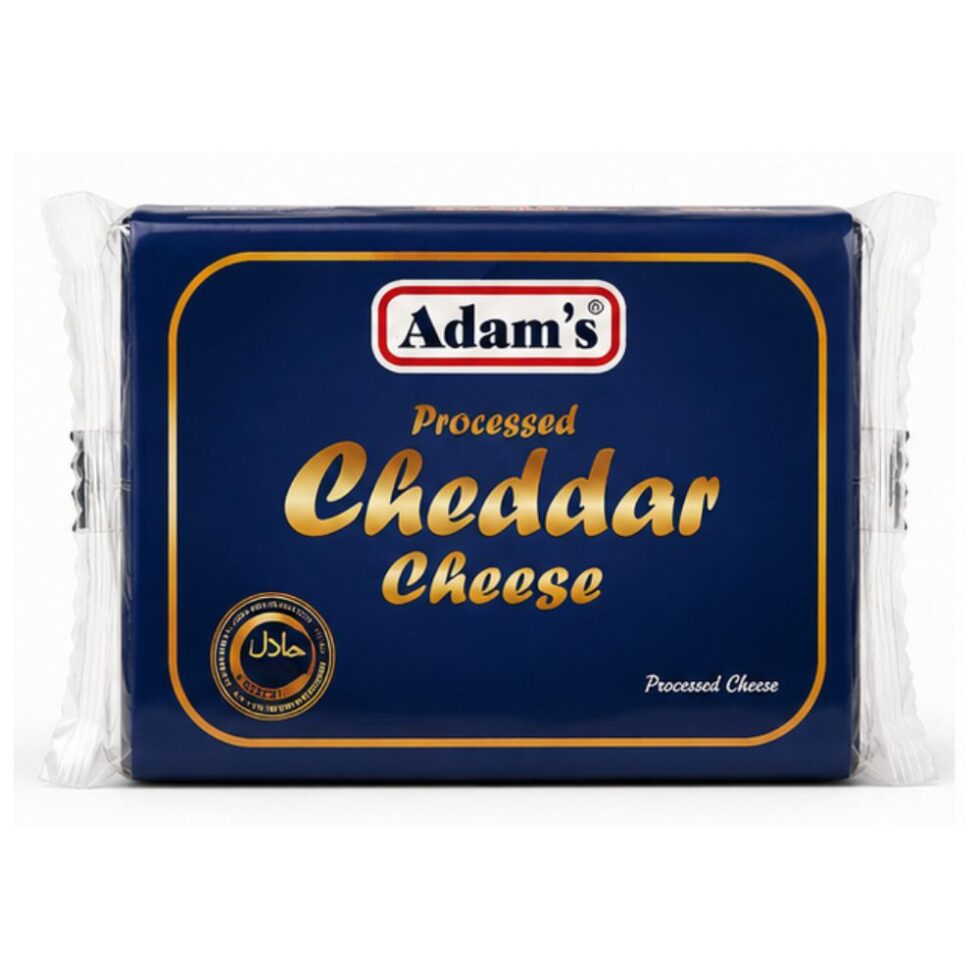 Adam Processed Cheddar Cheese 400g pack, rich and creamy cheddar cheese block ideal for sandwiches, burgers, pizzas, pasta, and cooking recipes.