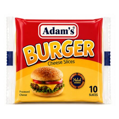 Adams Burger Cheese Slices pack containing 10 slices, creamy cheese slices designed for burgers, sandwiches, wraps, and quick meals.