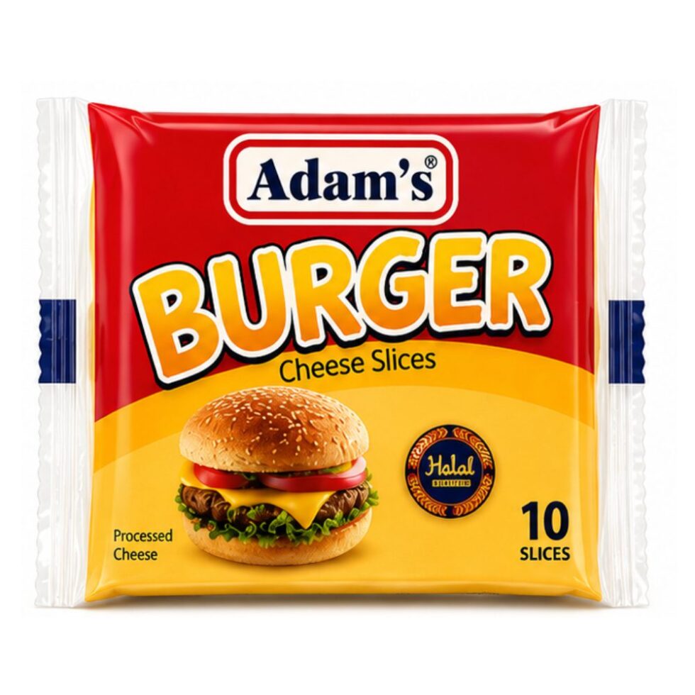 Adams Burger Cheese Slices pack containing 10 slices, creamy cheese slices designed for burgers, sandwiches, wraps, and quick meals.