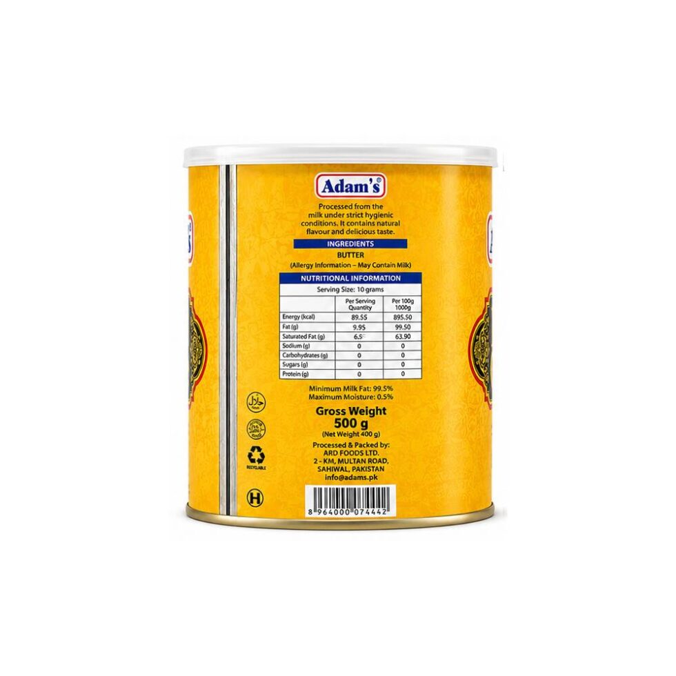 Adams Desi Ghee 500g pack, premium-quality traditional ghee with rich aroma and authentic taste, suitable for cooking, frying, baking, and traditional meals.