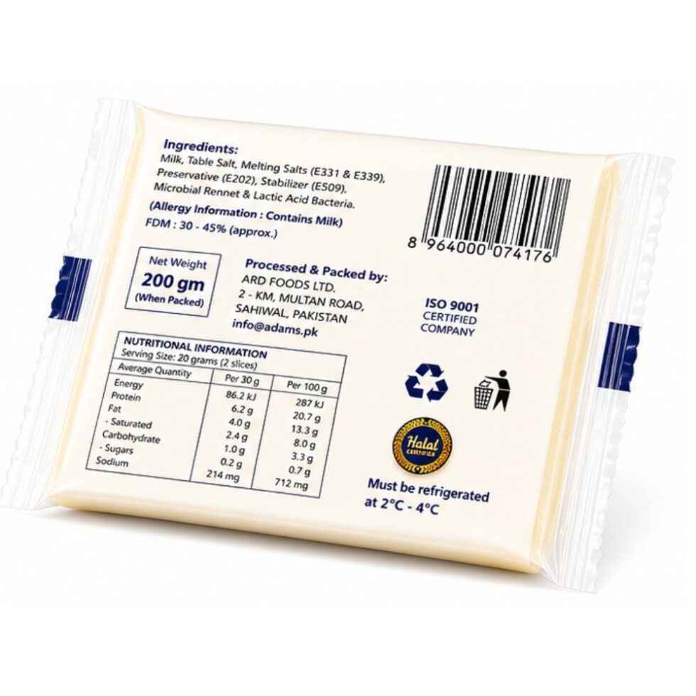 Adams Mozzarella Cheese Slices pack containing 10 slices, creamy mozzarella cheese with smooth texture and excellent melting qualities, ideal for sandwiches, burgers, wraps, and snacks.