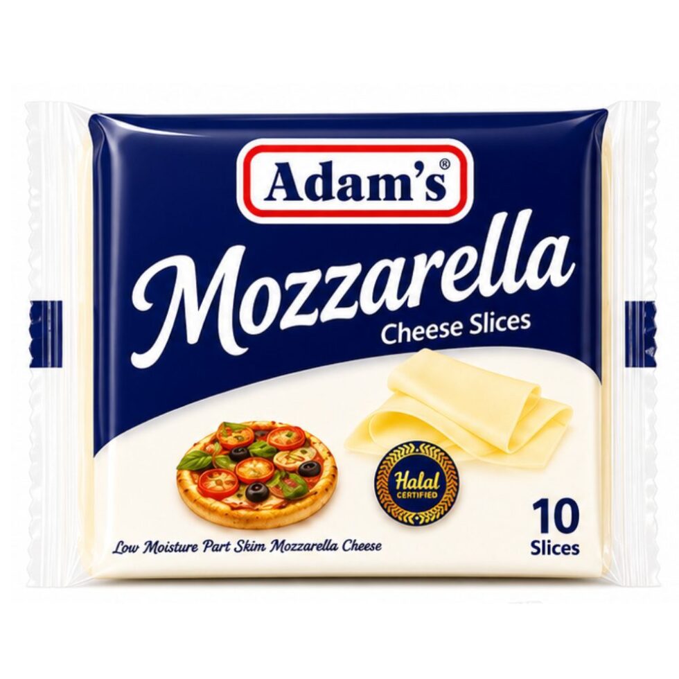 Adams Mozzarella Cheese Slices pack containing 10 slices, creamy mozzarella cheese with smooth texture and excellent melting qualities, ideal for sandwiches, burgers, wraps, and snacks.