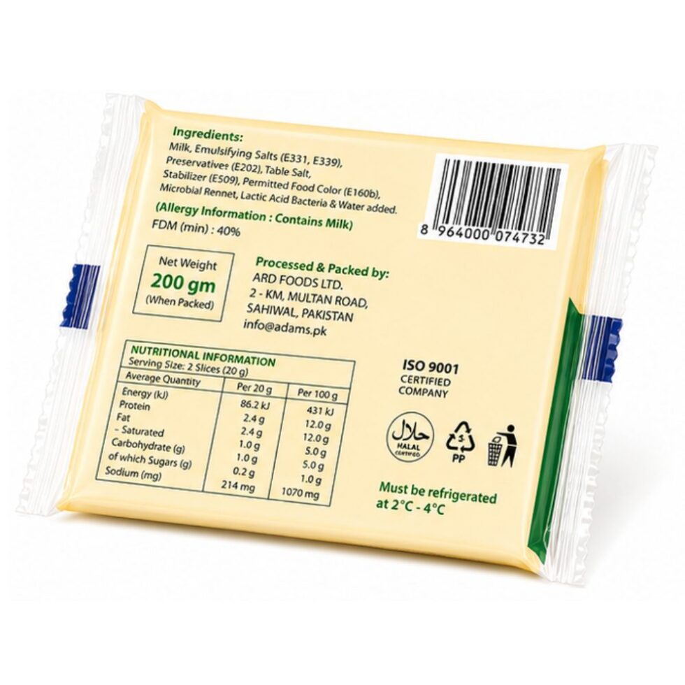 Adams Sandwich Cheese Slices pack containing 10 slices, creamy sliced cheese with a smooth texture, ideal for sandwiches, burgers, wraps, toasties, and snacks.