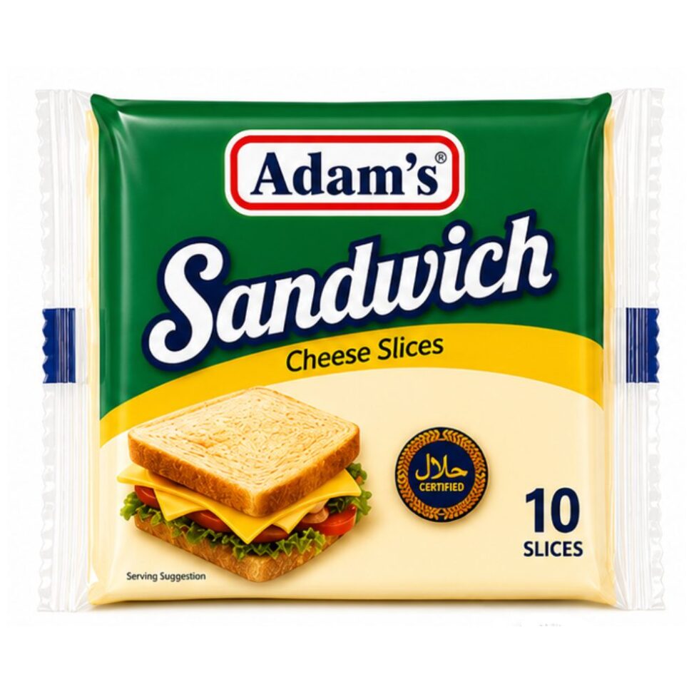 Adams Sandwich Cheese Slices pack containing 10 slices, creamy sliced cheese with a smooth texture, ideal for sandwiches, burgers, wraps, toasties, and snacks.