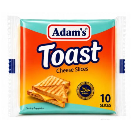 Adams Toast Cheese Slices pack containing 10 slices, creamy cheese slices with excellent melting qualities, ideal for toast, sandwiches, burgers, and snacks.