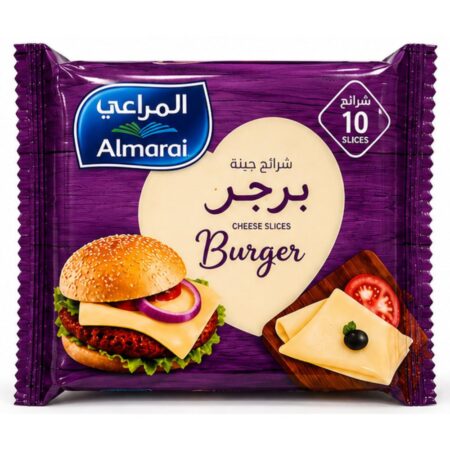 Almarai Burger Cheese Slices pack containing 10 slices, creamy cheese slices with excellent melting qualities, ideal for burgers, sandwiches, wraps, and snacks.