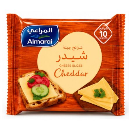 Almarai Cheddar Cheese Slices pack containing 10 slices, creamy cheddar cheese slices with a rich flavor, ideal for sandwiches, burgers, wraps, and snacks.