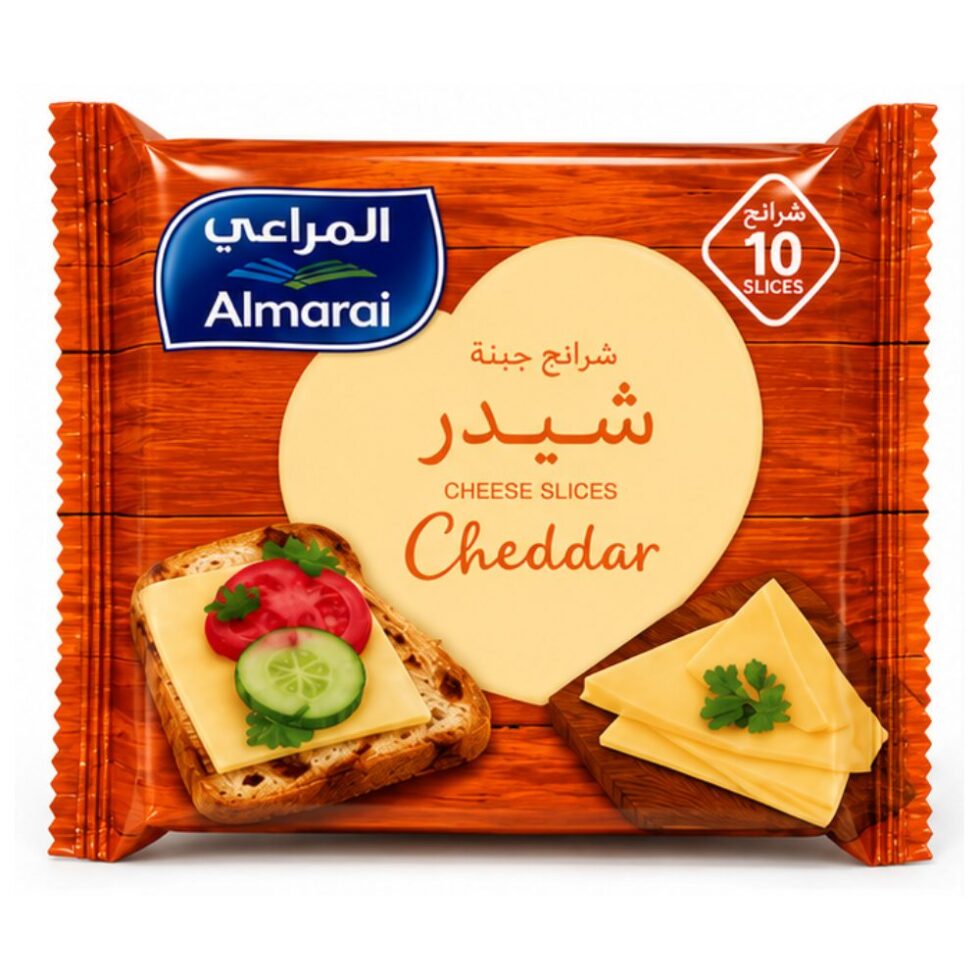 Almarai Cheddar Cheese Slices pack containing 10 slices, creamy cheddar cheese slices with a rich flavor, ideal for sandwiches, burgers, wraps, and snacks.