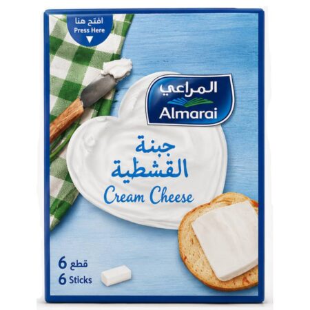 Almarai Cream Cheese Portion pack containing 6 individually packed sticks, creamy cheese portions ideal for spreading on bread, crackers, bagels, and snacks.