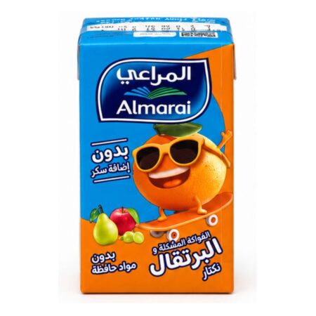 Almarai Orange Mixed Fruit Nectar 140ml carton pack, refreshing fruit nectar with a blend of orange and mixed fruit flavors, ideal for lunchboxes and on-the-go refreshment.