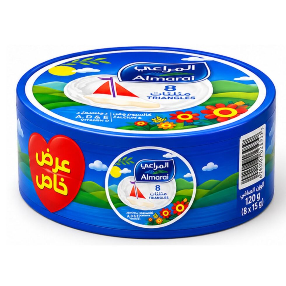 Almarai Processed Cheese Triangles pack containing 8 individually wrapped portions, creamy processed cheese ideal for spreading on bread, crackers, and snacks.