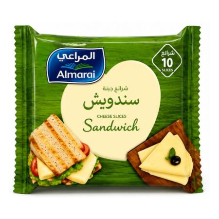 Almarai Sandwich Cheese Slices pack containing 10 slices, creamy sliced cheese with a smooth texture, ideal for sandwiches, burgers, wraps, toasties, and snacks.