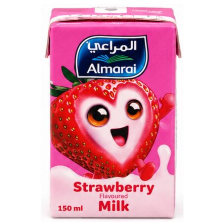 Almarai Strawberry Flavored Milk 150ml carton pack, creamy milk drink with a sweet strawberry flavor, ideal for school, travel, and daily enjoyment.
