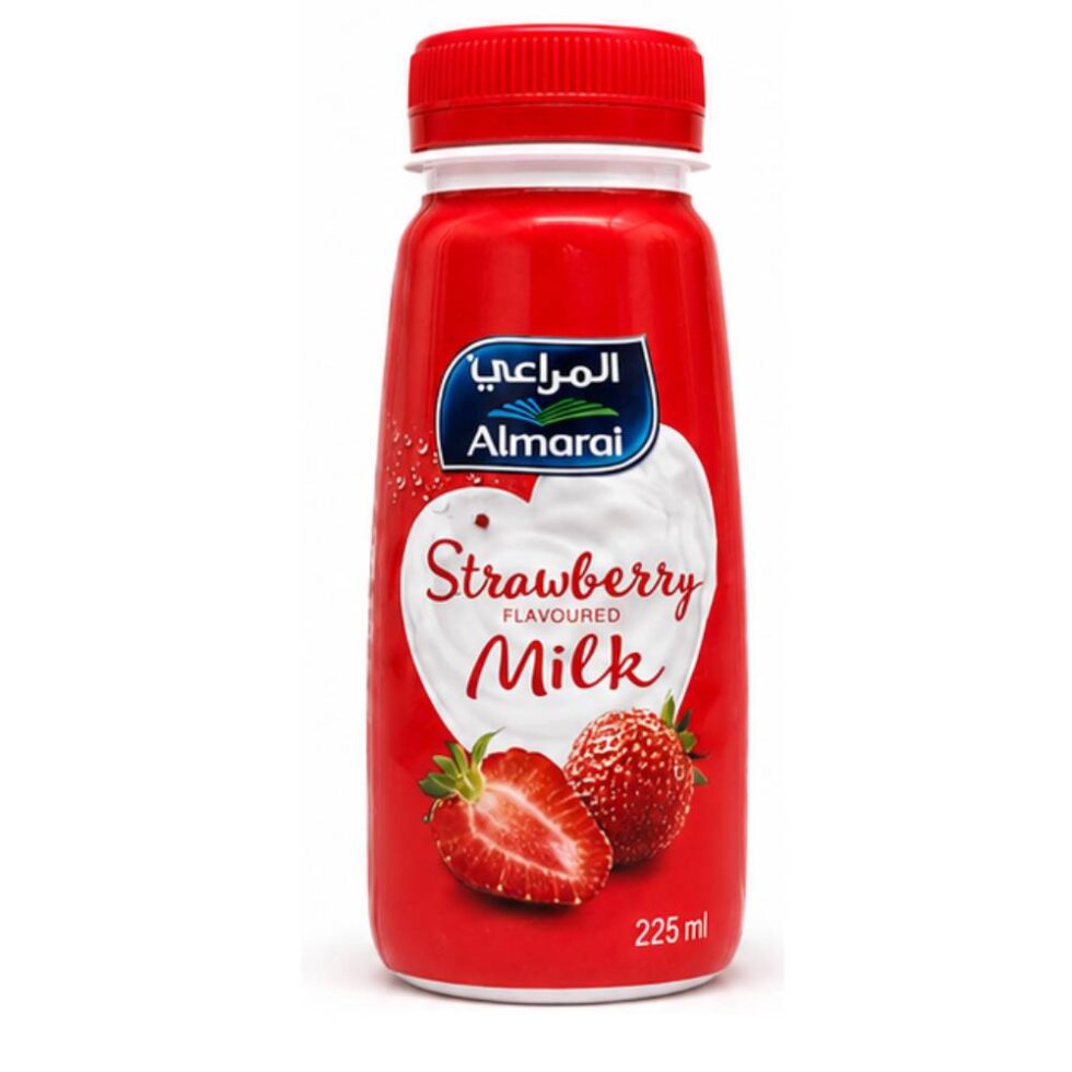 Almarai Strawberry Flavoured Milk 225ml carton pack, creamy milk drink with a sweet strawberry flavor, ideal for school lunches, travel, and everyday enjoyment.