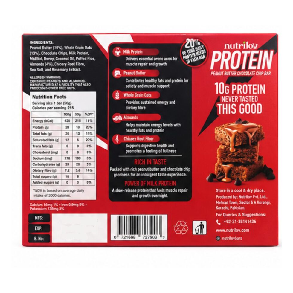 NUTRILOV PROTIEN PROTEIN PEANUT BUTTER AND CHOCALATE CHIP BAR (6 PCS)